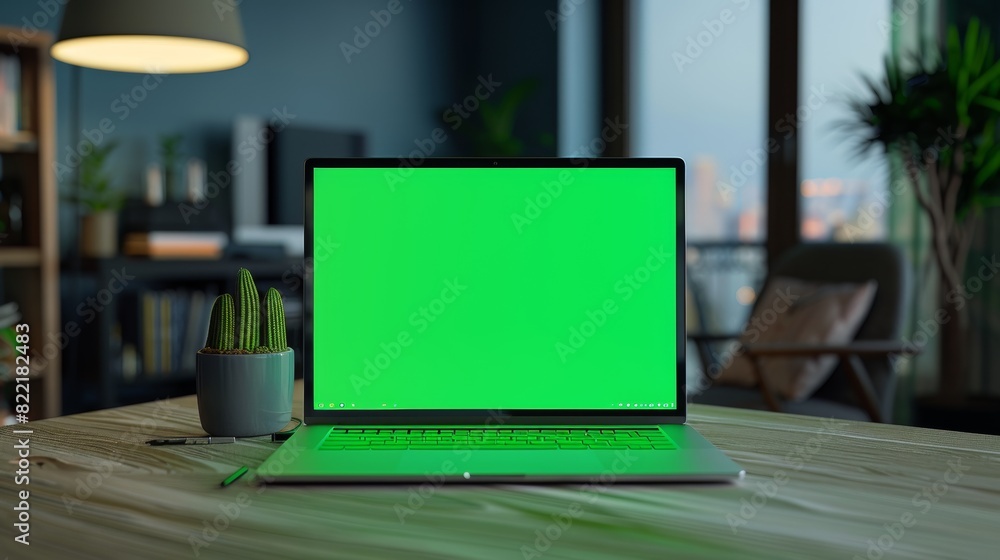 Poster computer with mock up green screen display standing on a desk. simple, minimalist design of a modern