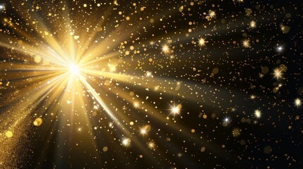 Obraz premium Starburst with sparkles and golden glowing lights effects isolated on transparent background. Solar flare with beams and spotlight.
