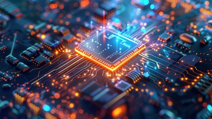 Abstract technology background featuring a quantum computing system with a processor and electronic circuits, artificial neurons, and global data connections.
