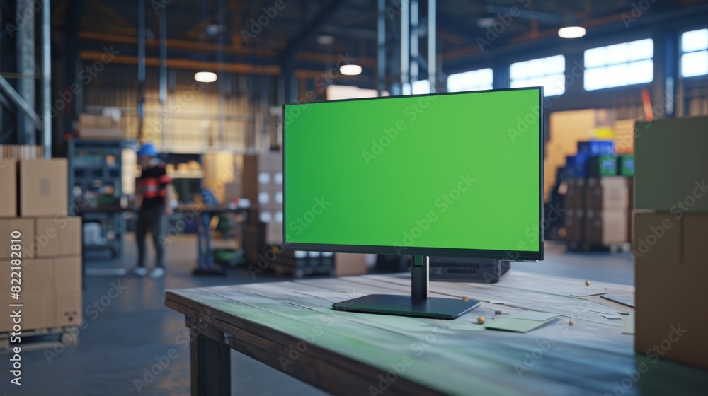 Poster standing computer monitor with green screen and chromakey mockup. small business warehouse with work