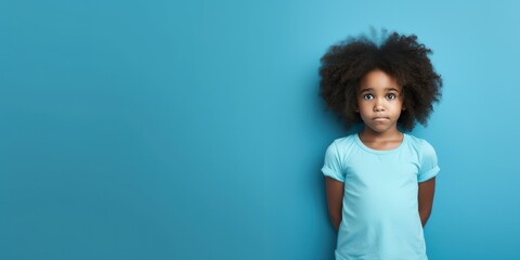 Blue background sad black American African child Portrait of young beautiful kid Isolated Background racism skin color depression anxiety fear burn out health issue problem mental