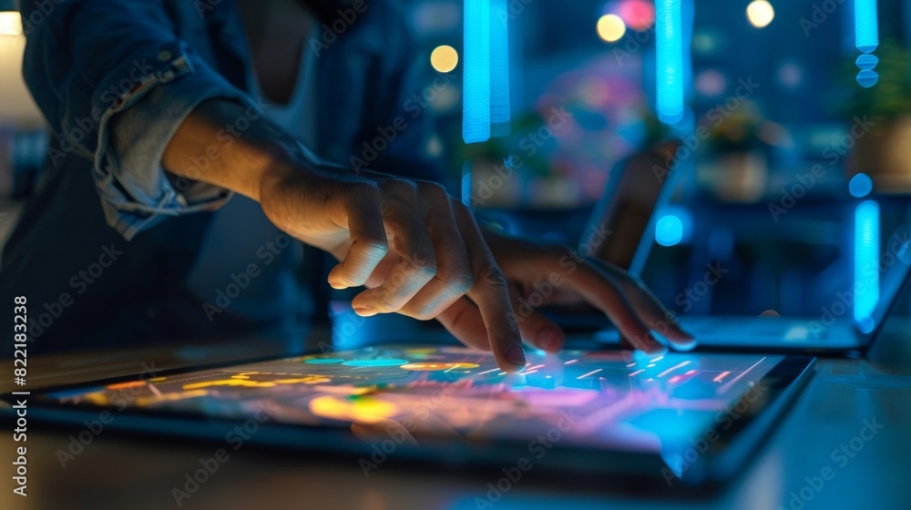 Aufkleber in an office at night, colleagues talk about a new business opportunity while holding hands on a mee