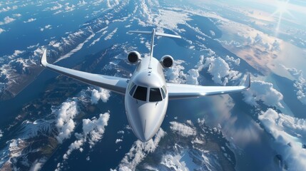 Photo of White Luxury generic design private jet flying above the earth. Empty blue sky and white clouds in the background. Business Travel Concept. Horizontal. 3D model.