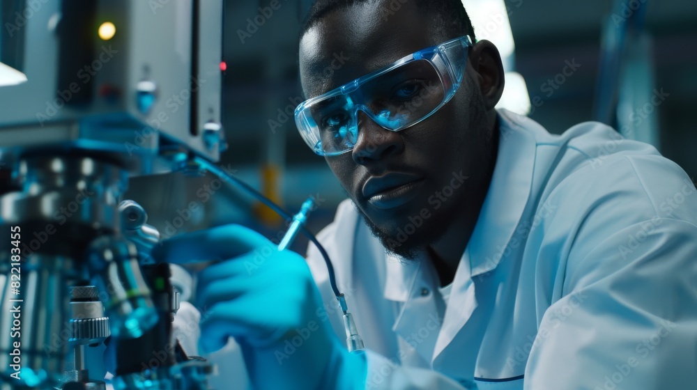 Poster a black specialist works in a high-tech research laboratory with modern equipment as he uses a screw