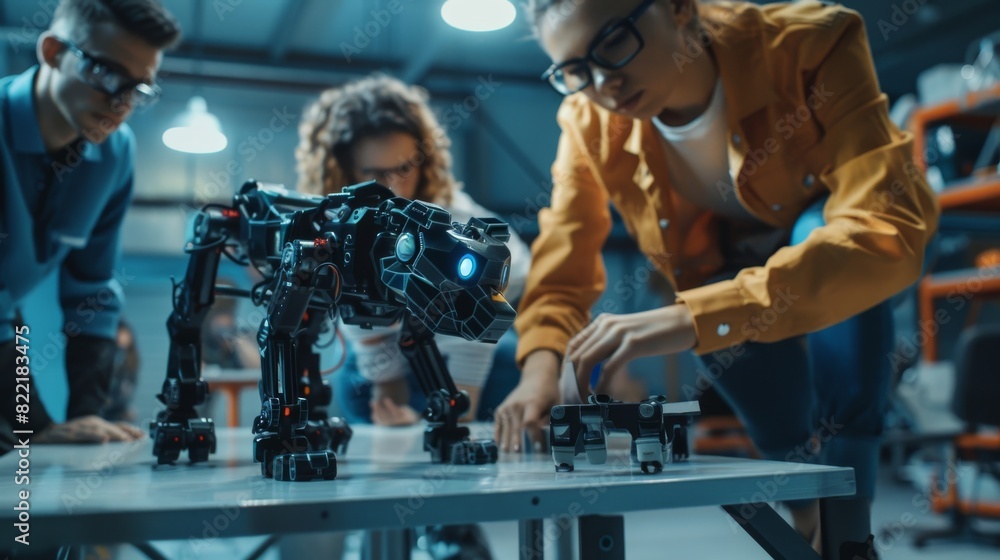 Poster an innovative team of smart, multilingual engineers develops a robot dog concept in a high tech rese