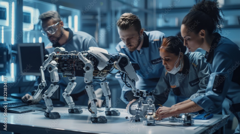 Poster an international team of industrial robotics engineers gathers around a table with a robot dog. the 