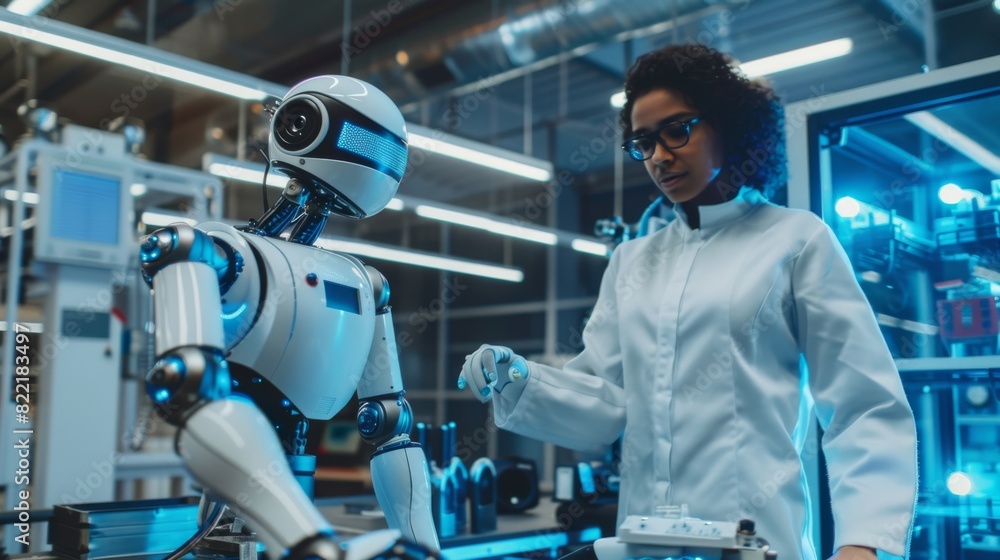 Poster multicultural engineers use industrial programmable robot animals in a factory development workshop.