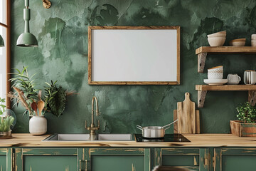 Landscape-oriented blank wooden frames in a kitchen with jungle green walls and unique wood decorations.