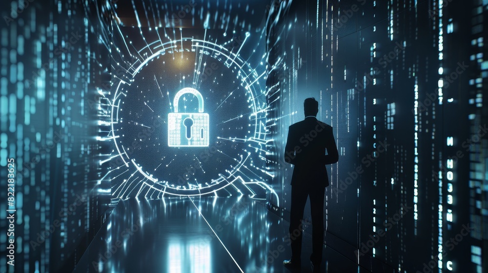 Poster 3d rendering of a businessman protected by a digital padlock