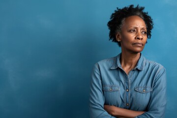 Blue background sad black American independent powerful Woman. Portrait of older mid-aged person...