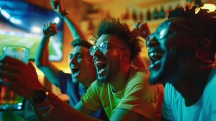 Obraz premium An eclectic group of friends watch a live football match in a sports bar. A three-man cheering squad yells and shouts. Young people toast their beer glasses when their team wins the World Cup.
