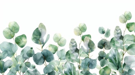 Green watercolor floral banner with silver dollar eucalyptus leaves and branches isolated on white.