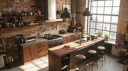 This 3D rendering shows a modern Nordic kitchen in a loft apartment.