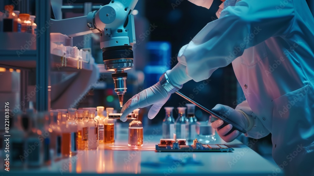 Poster a professional in industrial robotics interacts with a robot arm within a high-tech startup. a scien