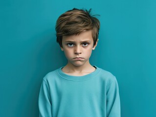 Blue background sad European white child realistic person portrait of young beautiful bad mood expression child Isolated on Background depression anxiety fear burn out health issue problem mental 