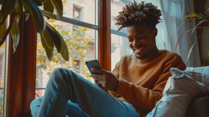 The handsome young man is sitting on his windowsill watching funny videos and commenting on a website while wearing comfortable casual clothes.