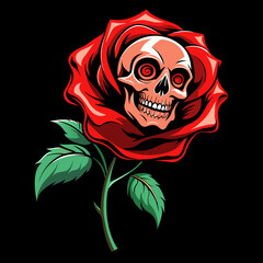 Art piece of a red rose in full bloom with a skull at its core, surrounded by green leaves on a dark background