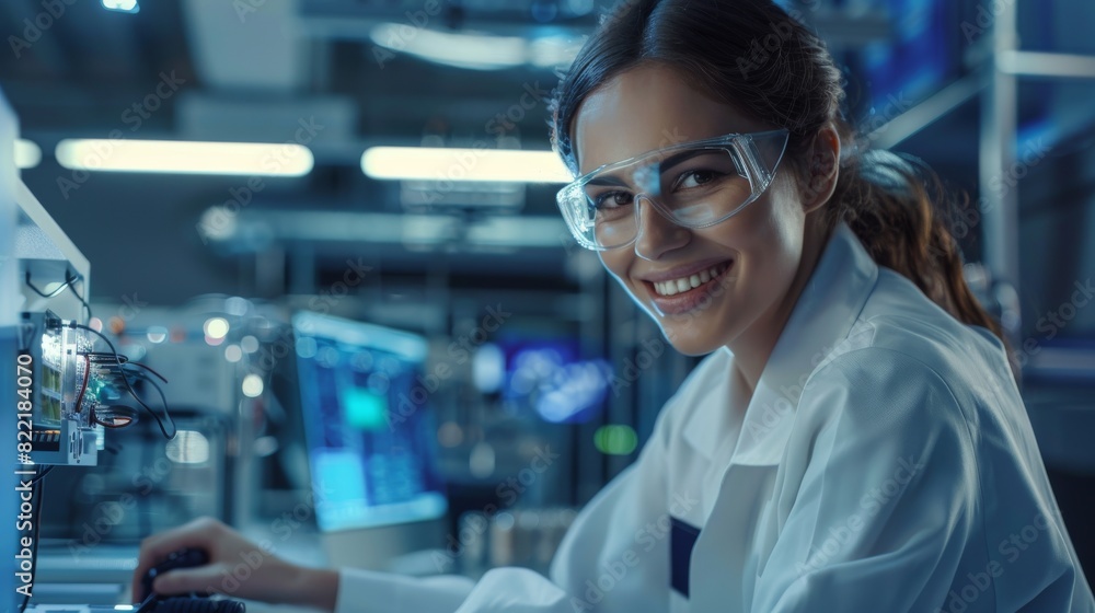 Poster an elegantly smiling smart industrial engineer working in a modern technological office on a 3d circ