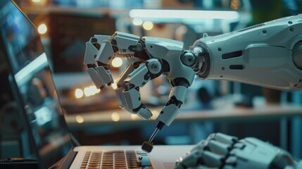 Robotics Engineer Using Laptop Computer With Software to Operate Robotic Arm. Robot Hand Holding Microchip. Research and Development Office For Automation Startup.