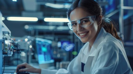 An elegantly smiling smart industrial engineer working in a modern technological office on a 3D circuit motherboard project using computer CAD software.