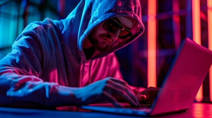 An Internet hacker using a laptop hacking data security. A cyber attack.