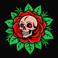 Art piece of a red rose in full bloom with a skull at its core, surrounded by green leaves on a dark background