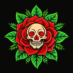 Art piece of a red rose in full bloom with a skull at its core, surrounded by green leaves on a dark background