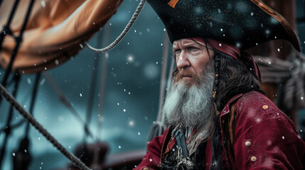 Realistic photo portrait of a pirate battling a storm at sea at the helm.