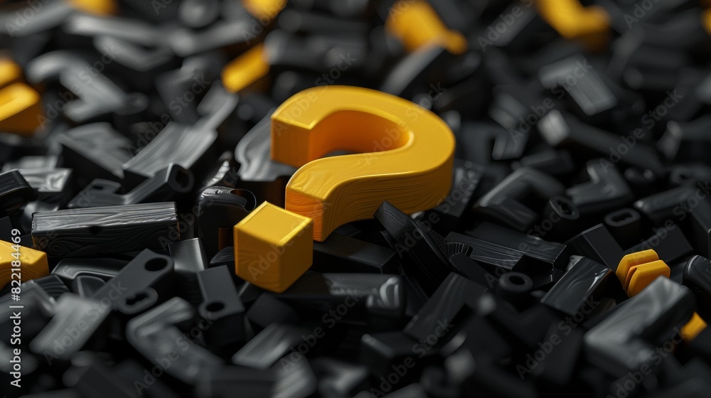 Poster rendering of a yellow question mark against a background of black signs.