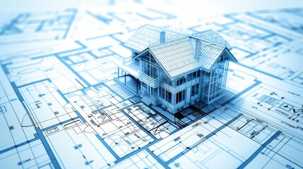 A blueprint plan of a modern residential building / technology, industry, business illustration: real estate, building, construction, architecture