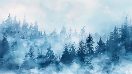 An image of the foggy forest, covered in snow, atop a hill in the winter. Wild nature, frozen, misty, taiga. Watercolor background.