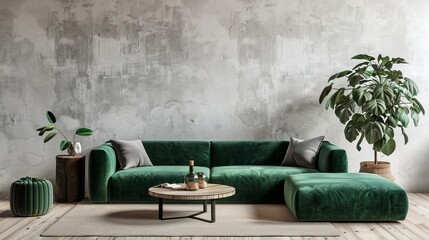3D rendering of a living room with a green sofa, table, and decor