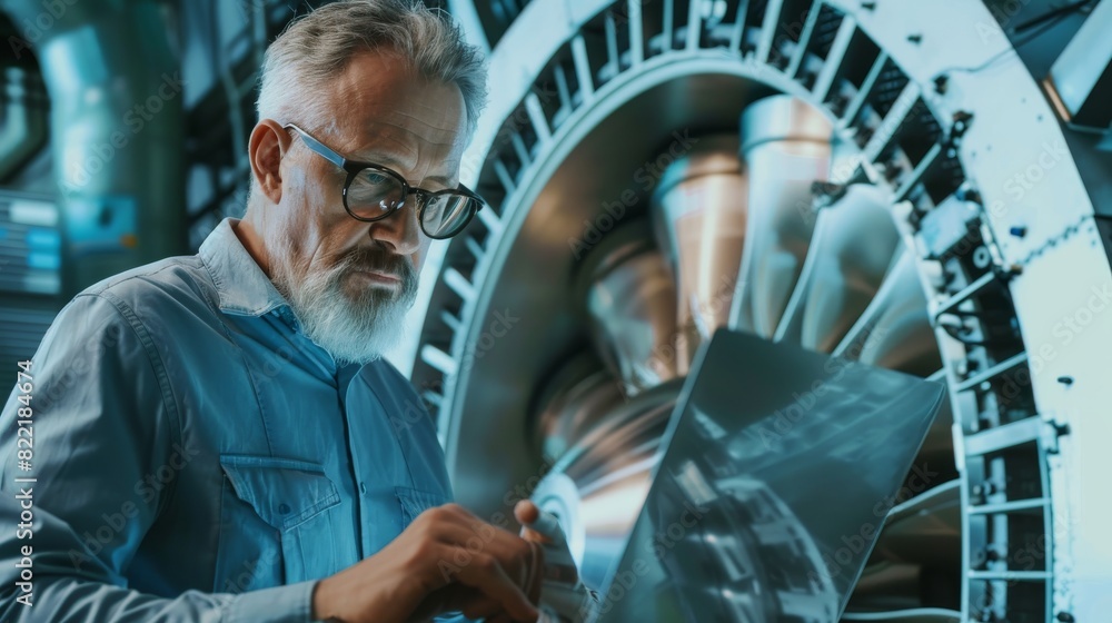 Poster Middle-aged Caucasian engineer using laptop computer to research and analyze futuristic turbine engines. Senior manager creating advanced technology.