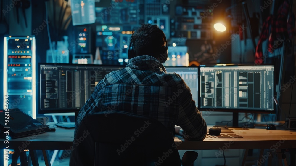 Poster software developer wearing casual clothes and wearing headphones updating the database for the serve