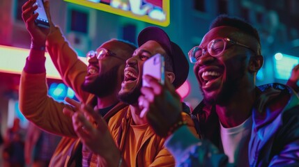 Obraz premium Young Multiethnic Men Watching a Sports Game on Smartphone, Appreciating their Favorite Team. Celebrating Goal, Betting or Lottery Wins. Standing Outside at Night near Neon Lights.