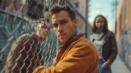 Handsome Caucasian Man Posing and Looking at Camera While Standing Outdoors in an Urban City Location. Stylish Diverse Friends Standing Behind Him.