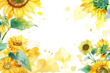 夏のひまわりのフレームの水彩画（背景・暑中見舞い・壁紙）