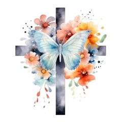 Old school vintage illustration. Christian cross with spring flowers and butterfly.