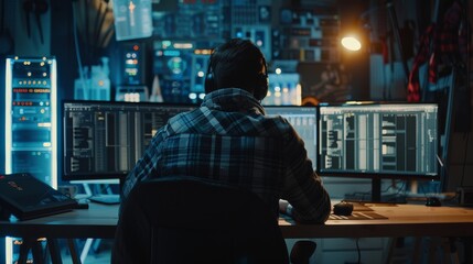 Software Developer wearing casual clothes and wearing headphones updating the database for the server system in a dark research facility.