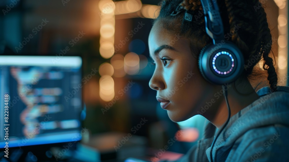 Poster young woman wearing headphones, writing blockchain software code for a project on computer in techno