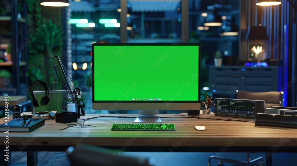Poster office with an empty desk and computer green screen and back-end of a neural network system.