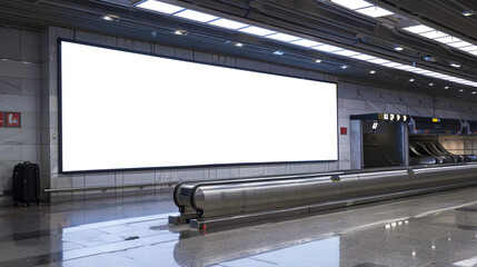 Vast blank billboard dominating a dim airport baggage claim space.