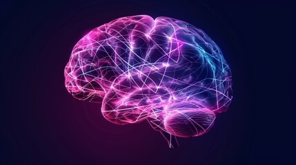 An illustration of the human brain with plexus lines. External cerebral connections in the frontal lobe. A conceptual illustration with copy space of communication, psychology, AI, or cognition