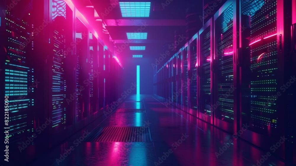 Poster a well-lit room with modern data processing center server racks. the internet of things, the protect