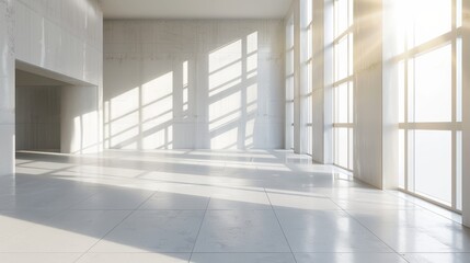 The wall is blank in a mockup of a bright office with large windows and sunlight passing through the rendering