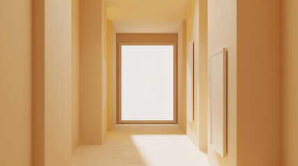 Oversized landscape blank frame in a narrow corridor with minimalist beige walls, mockup display.