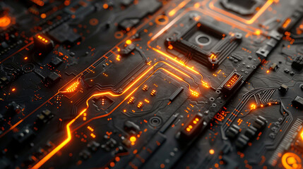 digital technology background modern cyber tech wallpaper, glowing circuit lines on black motherboard 