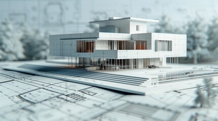 Building blueprints and house models, banner. 3D illustration.