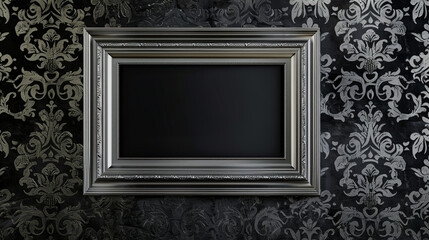 Platinum picture blank frame on dark charcoal baroque wallpaper, where modern meets classic.