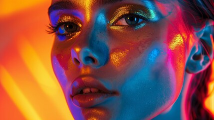 An artistic close-up shot of a young female poses with confidence, highlighting her facial features with neon paint in a low-key studio setting.